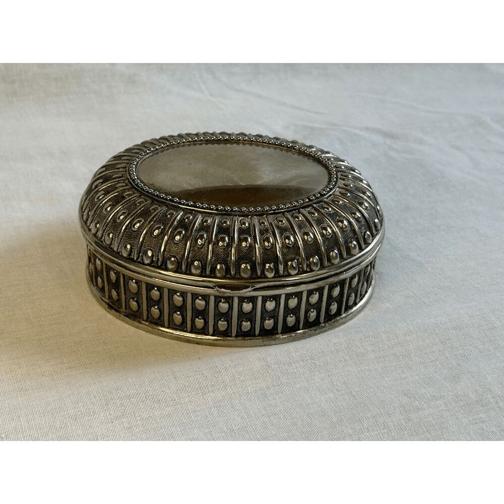Silver Toned Small Jewelry Box, Blue Lined, 5X4, Raised Details, Classic